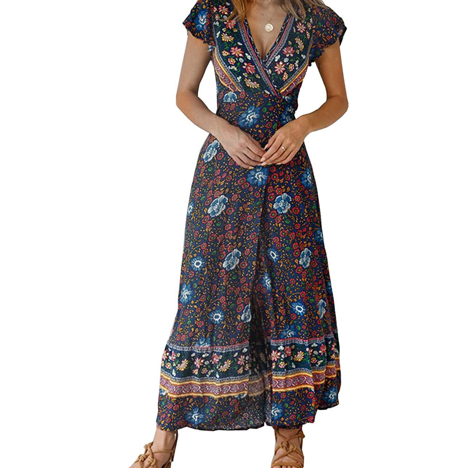 Oxodoi Sales Clearance Women's Boho Button Up Split Floral Print Flowy  Party Dress Blue Party Dresses for Women - Walmart.com