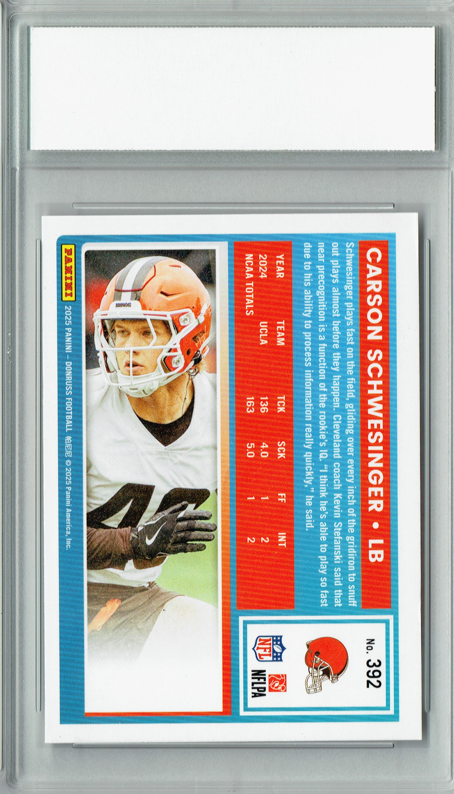 Carson Schwesinger 2025 Donruss Football #392 Rookie Card PGI 10