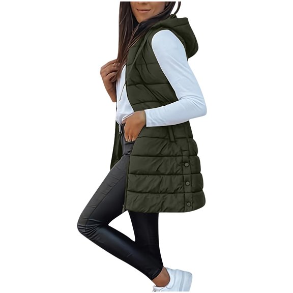 jtjvou Women's Long Winter Fashion Vest Solid Color Sleeveless Hood Winter Puffer Vest With Pockets Outwear Green L