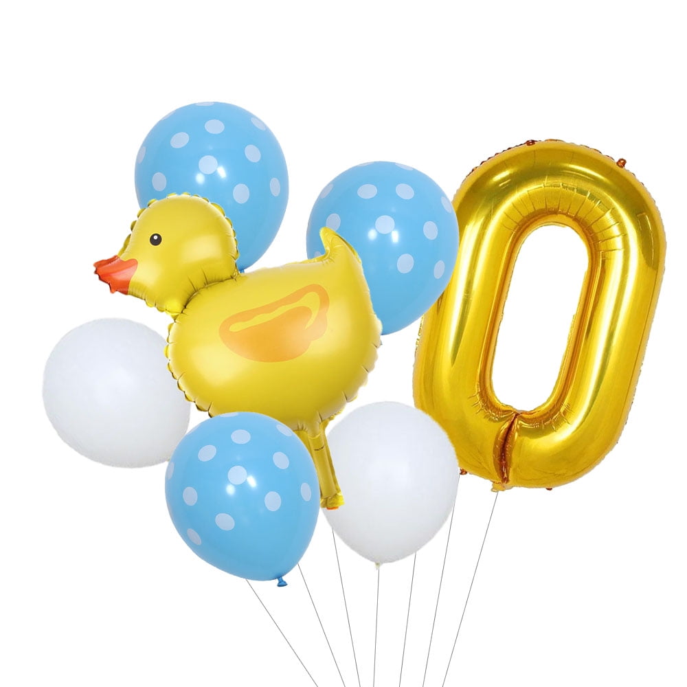 Small yellow duck-shaped floating air balloon sets with digital balloons for birthday party decoration.