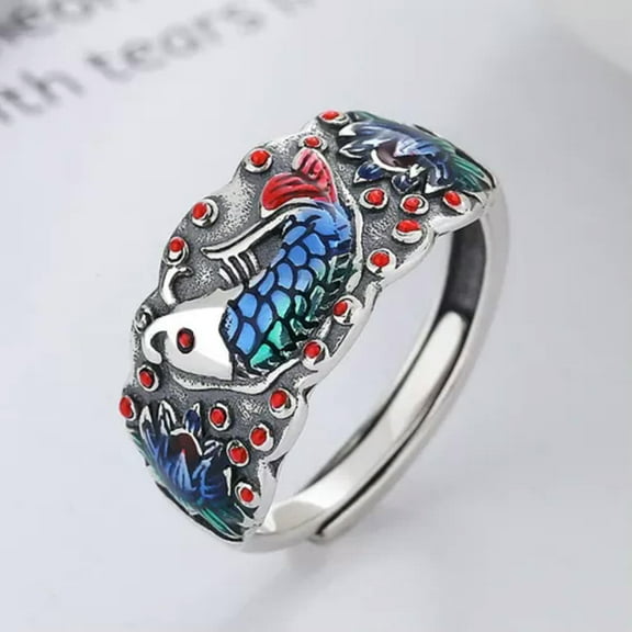 K-KED Real 925 Sterling Silver Band Men Women Colorful Enamel Lotus Flower Fish Ring