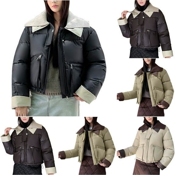 Oksale Cropped Puffer Jackets for Women Casual Lapel Quilted Outerwear Comfort Long Sleeve Overcoats for Winter 2025 White M