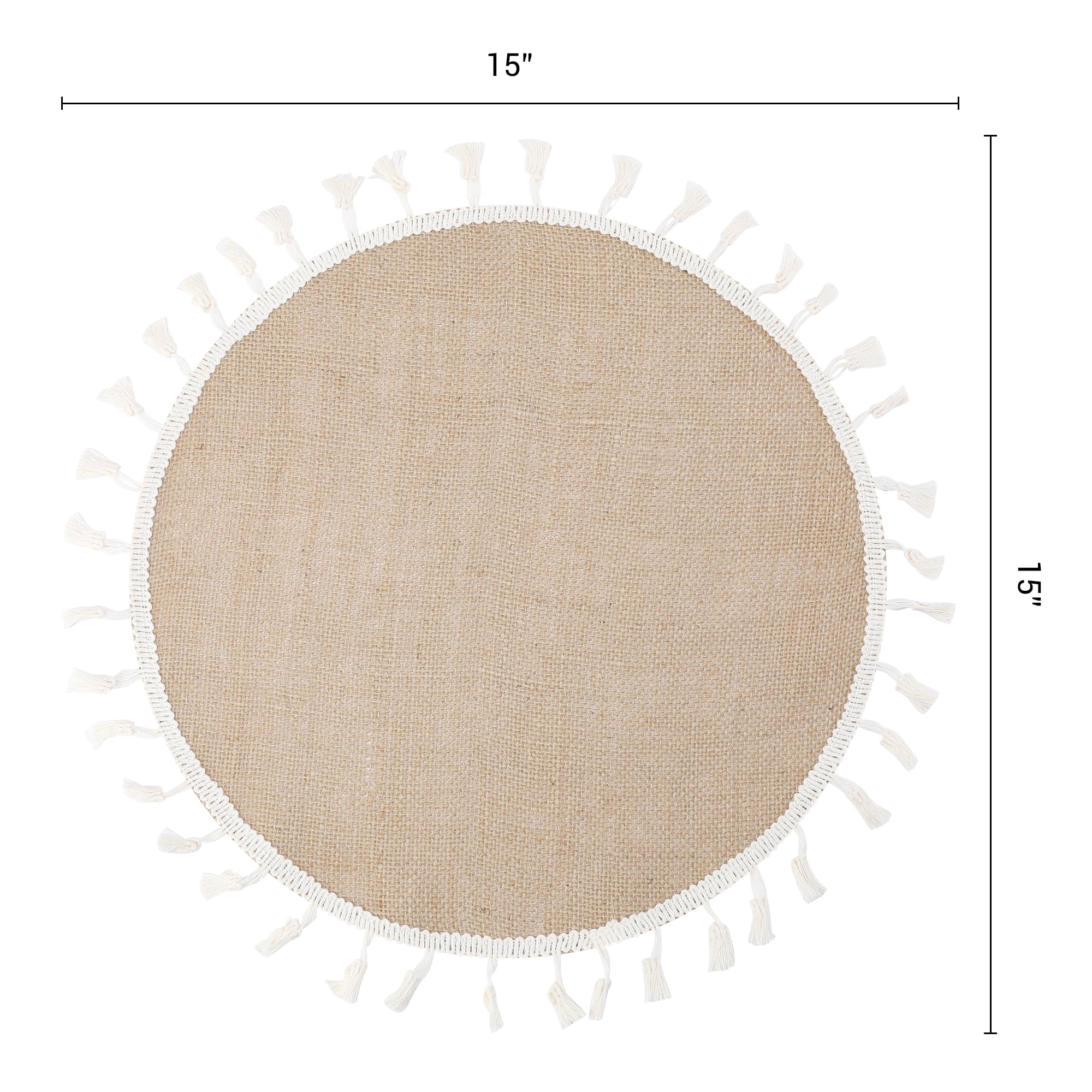 Unique Bargains Farmhouse Placemats 6pcs Round Placemats White Tassel 15"x15"