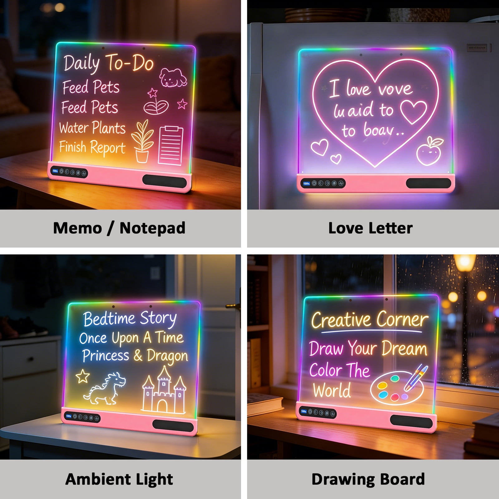 16 inch Rechargeable LED Drawing Board for Kids, 10-Color Light up Doodle Pad, 1500mAh Battery, Digital Display, Touch Buttons & Built-in Stand, Pink
