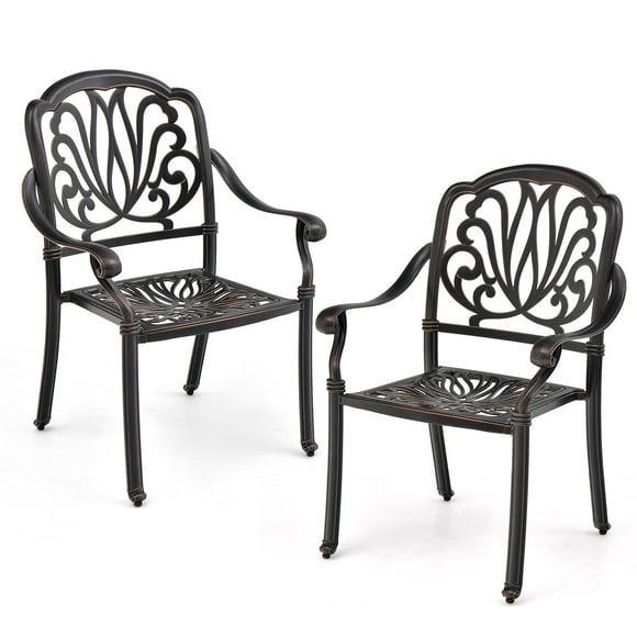 Costway Conjunto de 2/4 Sillas de Aluminio Fundido, Sillas Apilables con Reposabrazos, Almohadillas Ajustables para los Pies, Sillones de Metal para Exteriores/Jardín/Patio Trasero/Balcón,Color Bronce