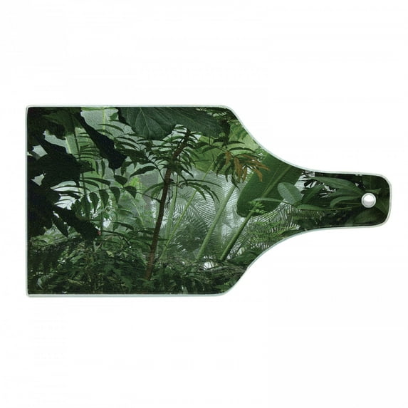 Rainforest Cutting Board, Tropical Rainforest Preservation Humidity Palm Tree Wild Environment Misty Nature, Tempered Glass Cutting and Serving Board, Wine Bottle Shape, Green, by Ambesonne