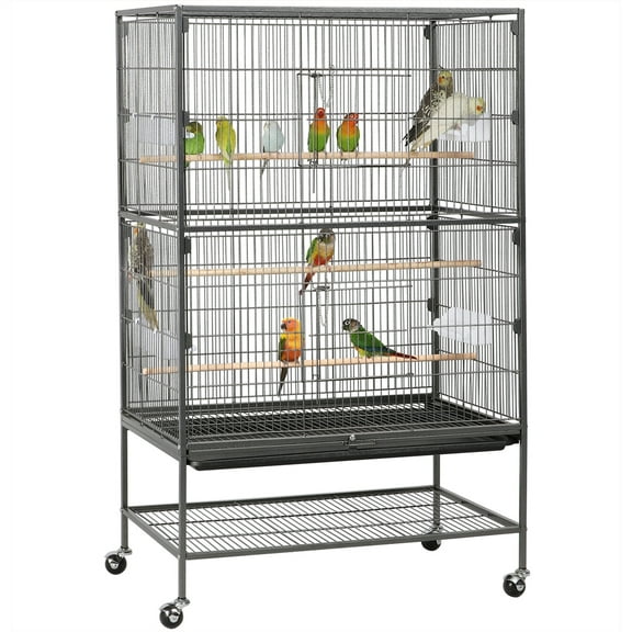 Alden Design 52" Large Metal Rolling Bird Cage Parrot with Perches Feeders Storage Shelf for Lovebird Cockatoo Conure, Black