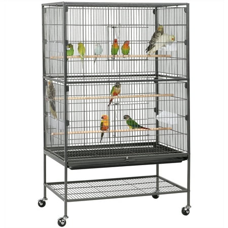 SMILE MART 52" Large Metal Rolling Bird Cage Parrot with Perches Feeders Storage Shelf for Lovebird Cockatoo Conure,Black
