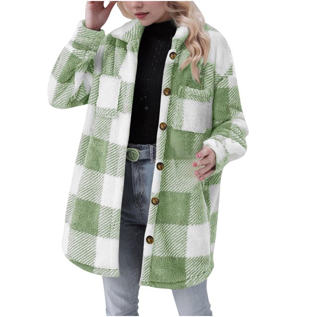 Bouton Vert Lime pour Femmes Automne Hiver Manches Longues Col Roulé à Carreaux Vestes Thermiques Douces Confortables Mode Y2K L