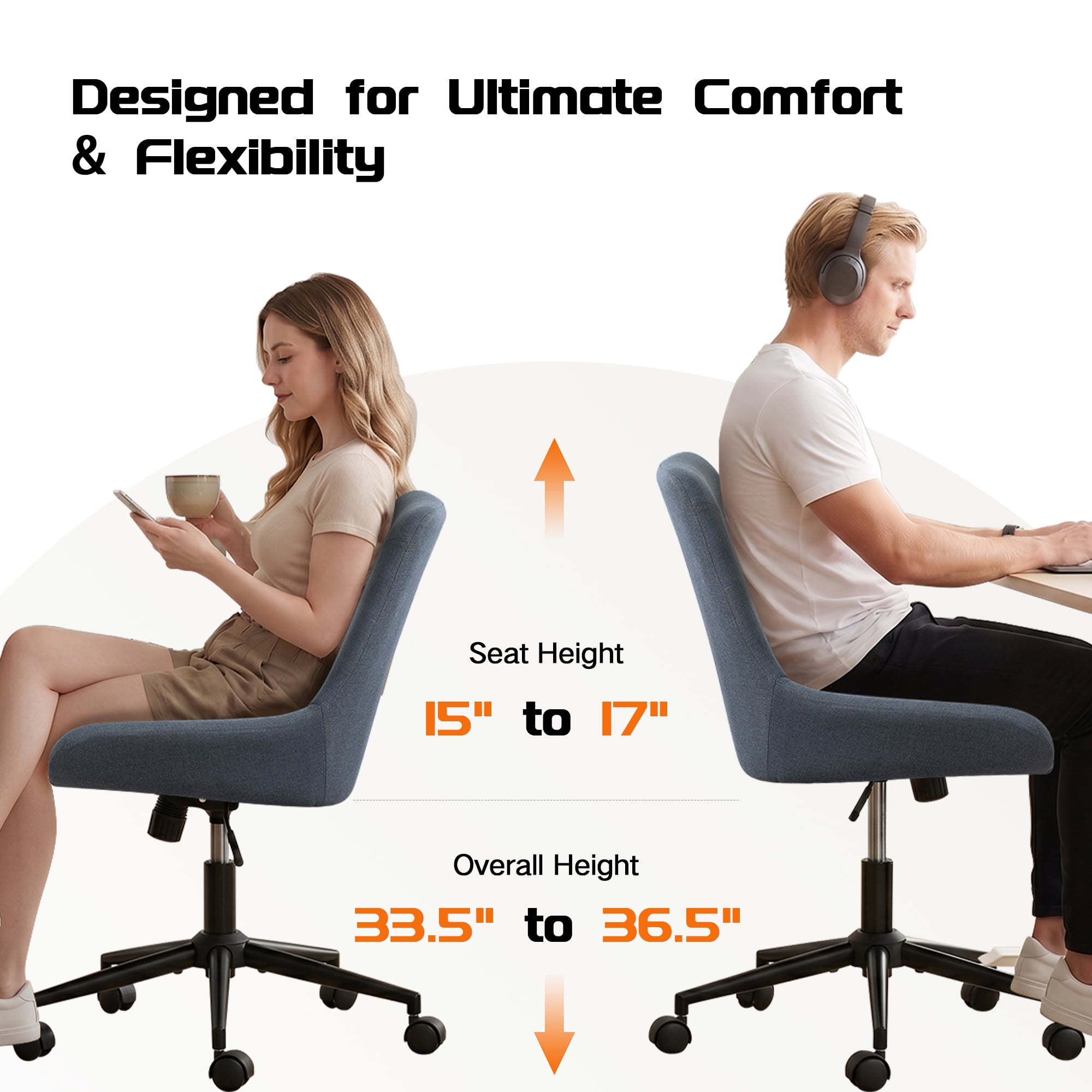Linen Fabric Home Office Task Chair, Armless Vanity Chair With Wheels, Swivel Adjustable Seat Height Desk Chair with Rocking Function for Bedroom, Living Room or Study Dark Gray