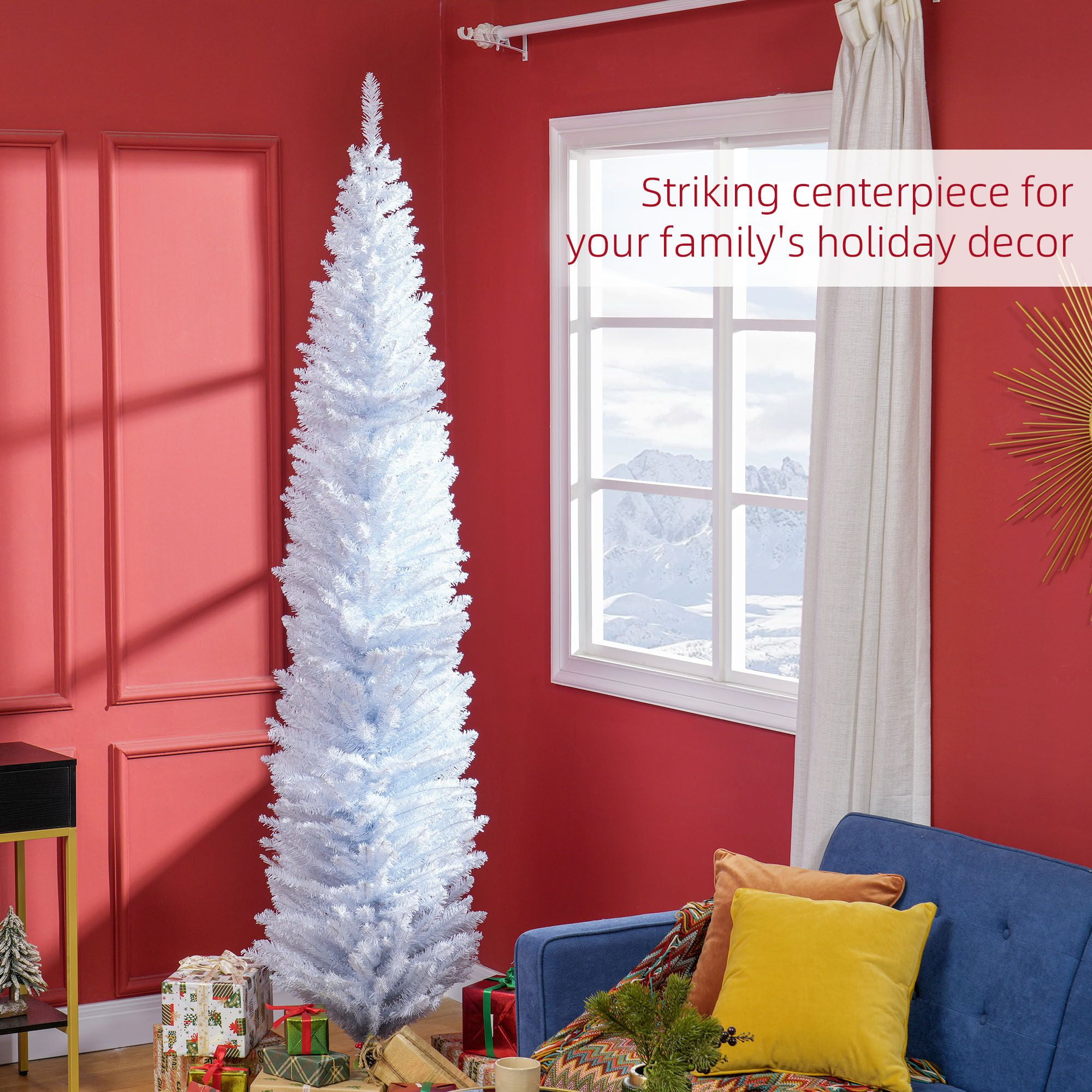 8 ft Skinny Pencil Artificial Christmas Tree with 618 Tips and Plastic Base, Unlit Slim Holiday Tree for Small Rooms and Apartments