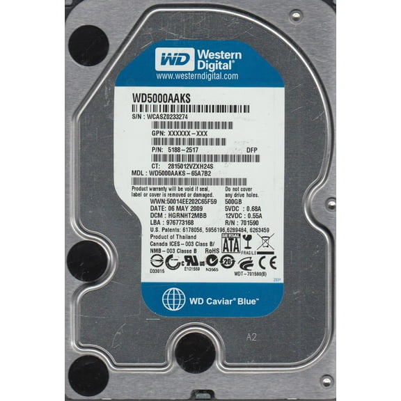 WD5000AAKS-65A7B2, DCM HGRNHT2MBB, Western Digital 500GB SATA 3.5 Hard Drive