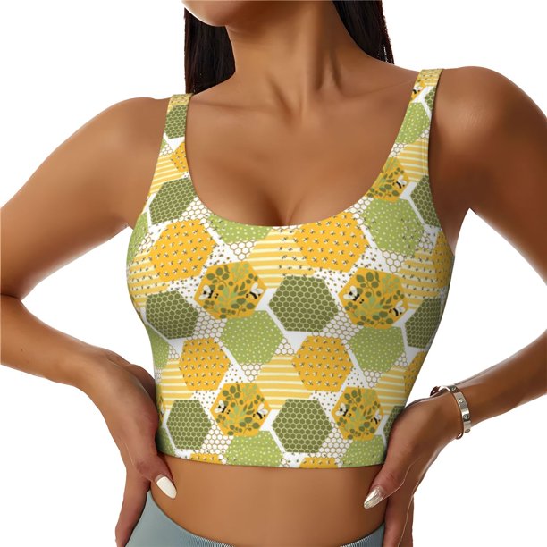 Fotbe Bee honey Sujetador Deportivo Largo sin Aros para Mujer con Almohadillas y Soporte Medio, Transpirable y Absorbente, Camiseta Tipo Chaleco o Tank Top-Medium