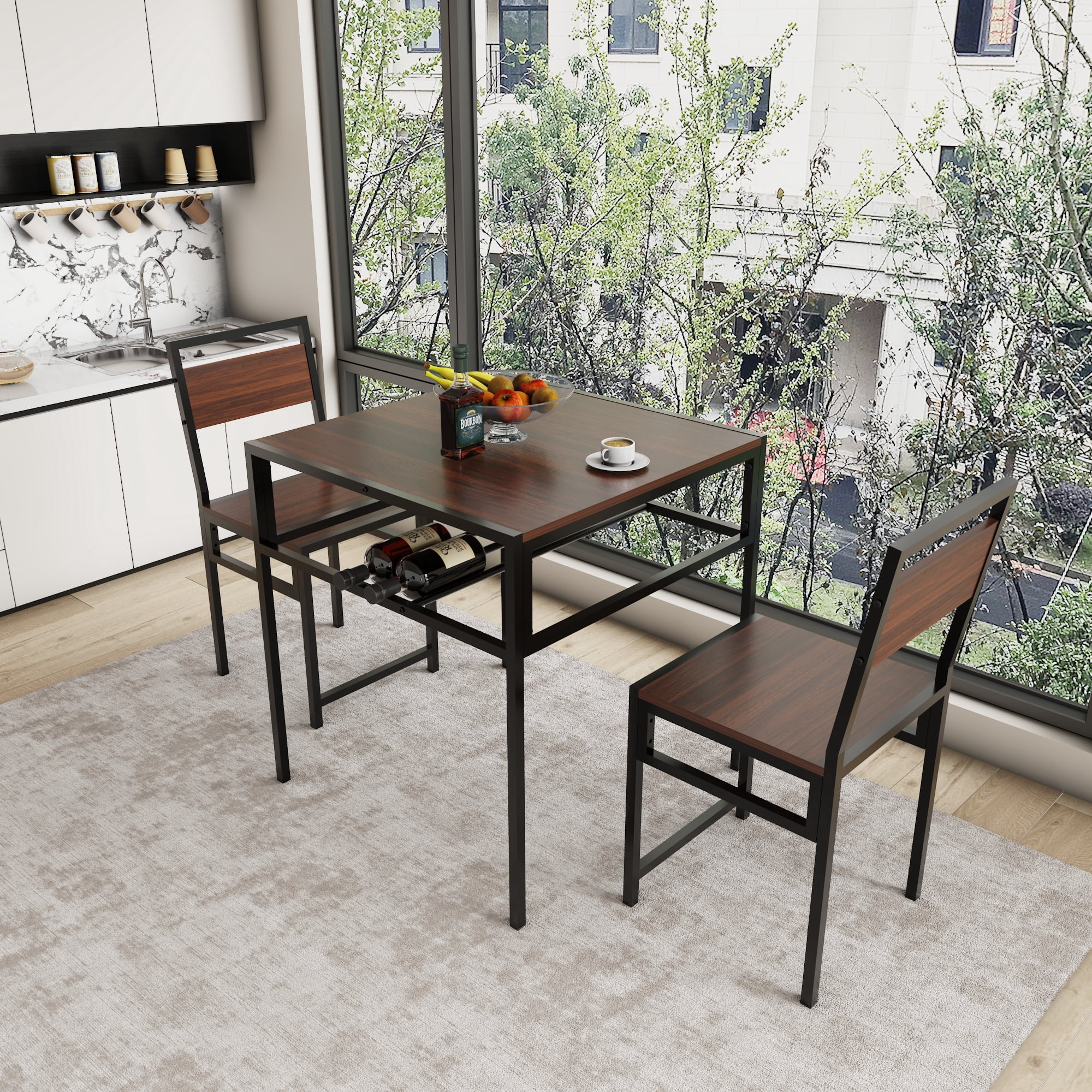Industrial Dining Table Set with 2 Chairs, Small Square Kitchen Table with Storage Rack for Small Space Apartment