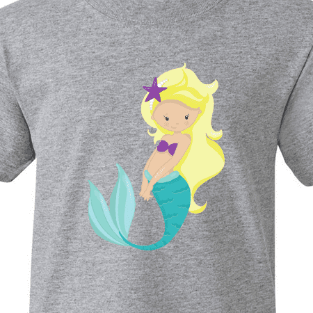 Inktastic Cute Little Mermaid, Blonde Hair, Purple Sea Star Youth T-Shirt