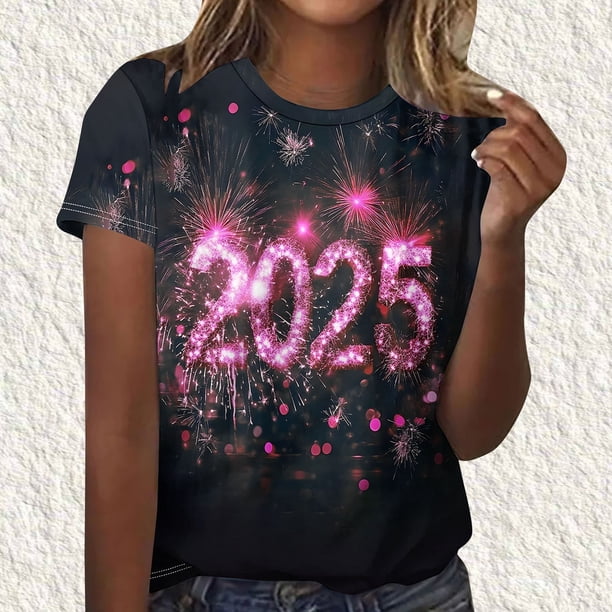 Puntoco Camiseta de manga corta con cuello redondo y estampado informal de Año Nuevo para mujer
