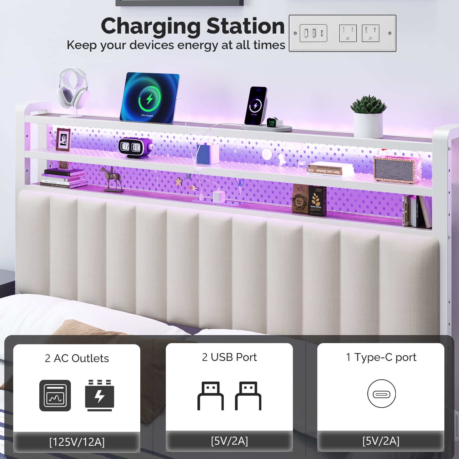 Zimtown Headboard for Full Size Bed with Storage, Linen Upholstered Head Board with LED Light and Charging Station, White