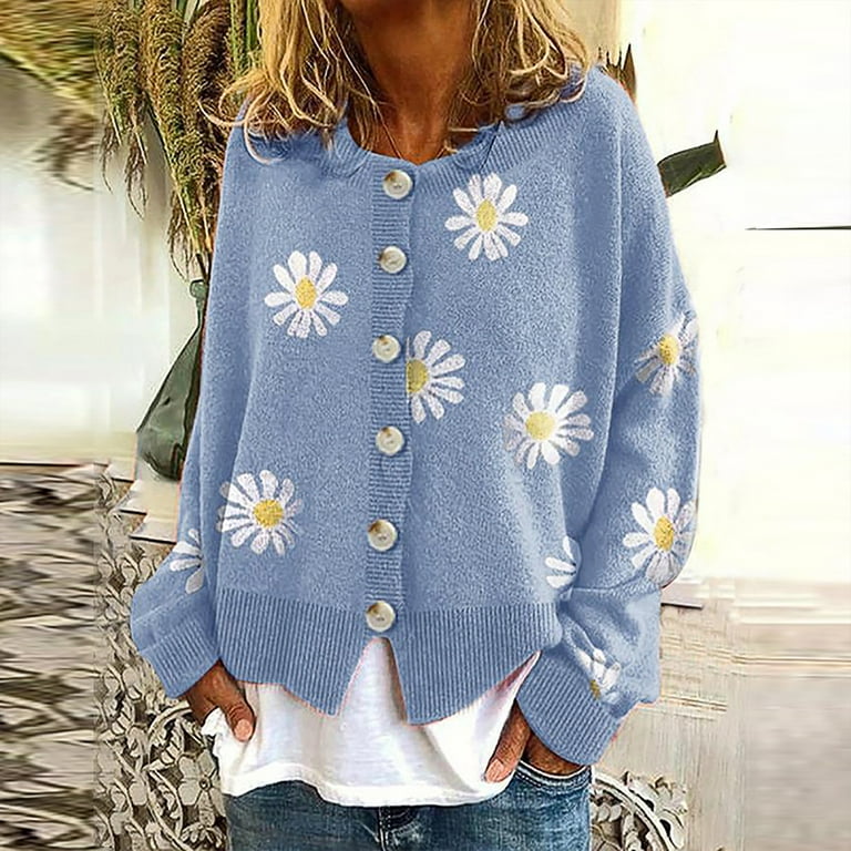 Frostluinai Cute Sweaters For Women Y2K Floral Print Knit Cardigan Sweaters  Long Sleeve V Neck Button Down Aesthetic Sweater Vintage Aesthetic 90S
