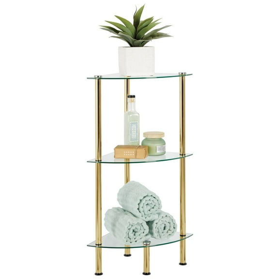 mDesign Glass Corner 3-Tier Tower Cabinet Organizer Shelves - Soft Brass/Clear