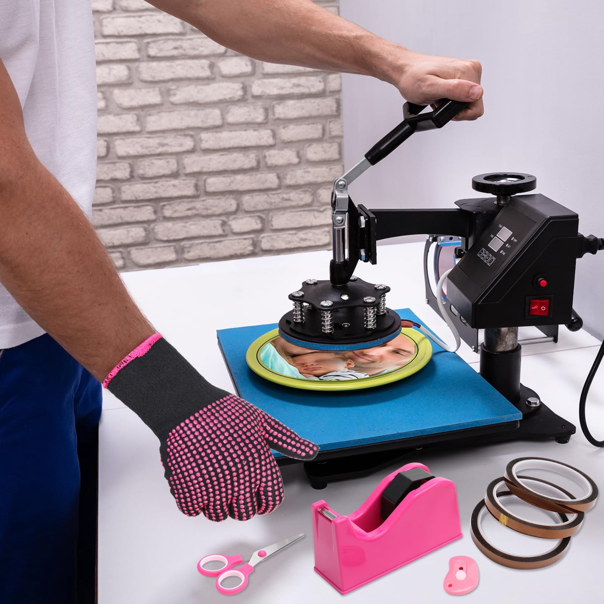 12 Pack Sublimation Heat Tape Dispenser Set with Resistant Gloves, Silicone Bumps, Mini Cutter Set, Weighted Desktop Dispenser for Heat Transfer