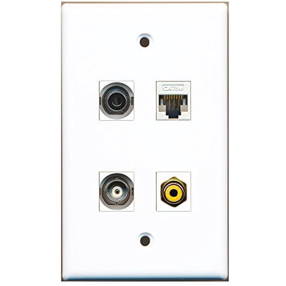 RiteAV - 1 Port RCA Yellow 1 Port 3.5mm 1 Port BNC 1 Port Cat5e Ethernet White Wall Plate