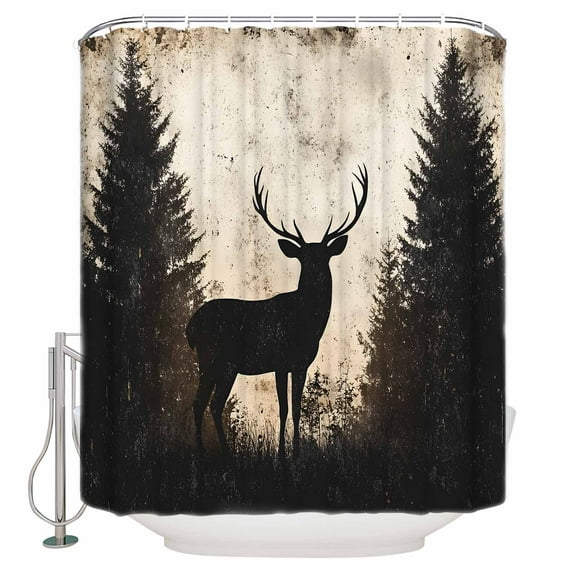 Extra Long Shower Curtain 72x84 Inch, Rustic Forest Deer Shower Curtain Waterproof Bathroom Decor Retro Farmhouse Country Animals Tree Fabric Bath Curtain Set Accessories with Hooks