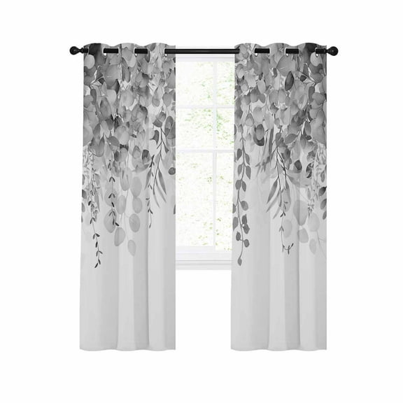 Grey Botanical Blackout Curtains 45 Inches Long for Bedroom, Weeping Eucalyptus Leaves Watercolor Thermal Insulated Room Darkening Black Out Window Curtain Panels Grommet Drapes for Living Room