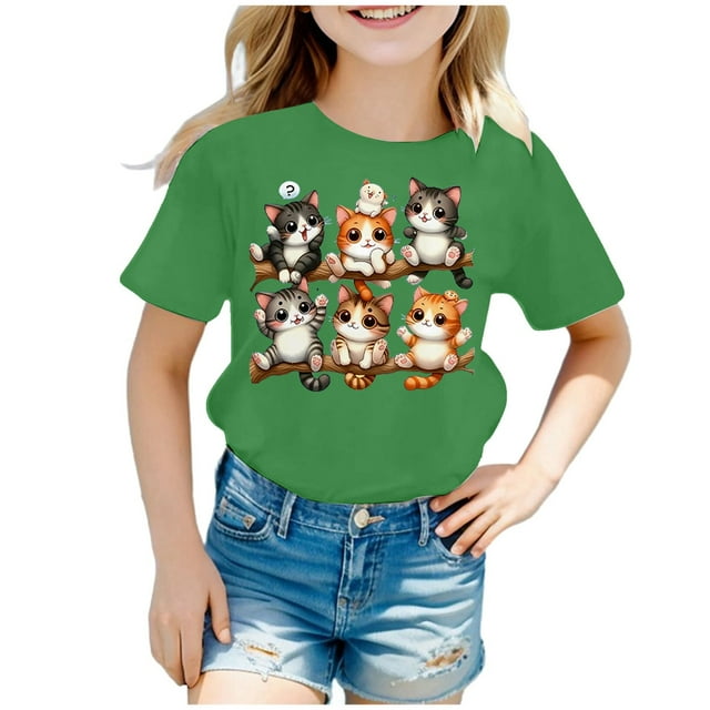 Hauts et T-Shirts pour Filles, Imprimé Chat Mignon, Manches Courtes, pour Tout-Petits, Enfants, Col Rond, Coupe Ample, Haut d'Été Confortable et Respirant, Taille : 2-4 Ans