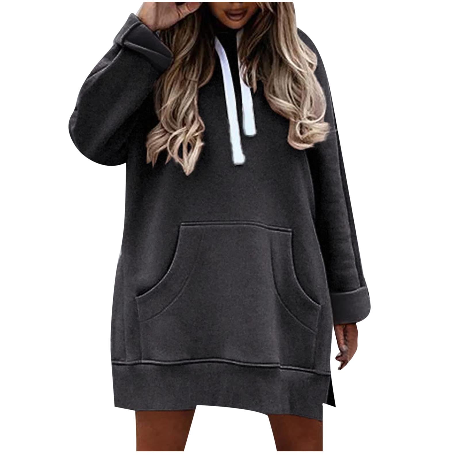 JWZUY Womens Oversized Hoodie Extra Long Hooded Tunic Sweatshirt Pullover  Tops with Pockets L