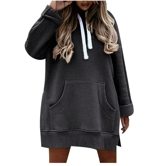 Women Oversized Hoodie Dress Pullover Winter Kangaroo Pocket Long Sweatshirt Solid Casual Side Split Hoody Tops