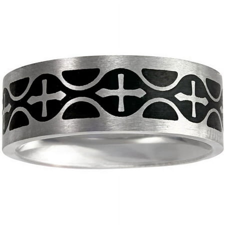 Men's Black and White Cross Ring in Stainless Steel