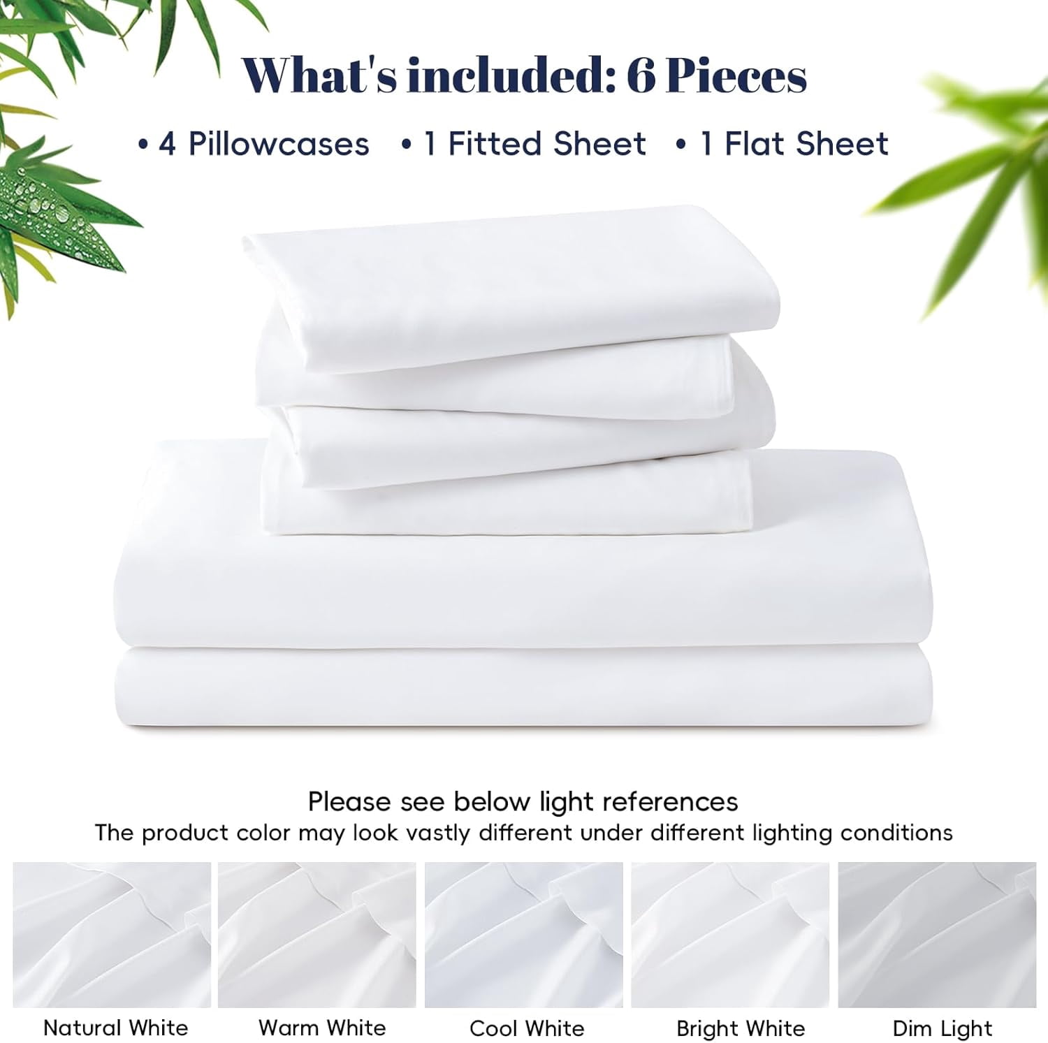 6PCS 100% Rayon Derived from Bamboo_ Sheets Set King Size, Cooling Sheets for Hot Sleepers, Wider Elastic Band & 16" Deep Pocket, Luxury Silky Soft Breathable Bedding Set & Pillowcase, Cream White