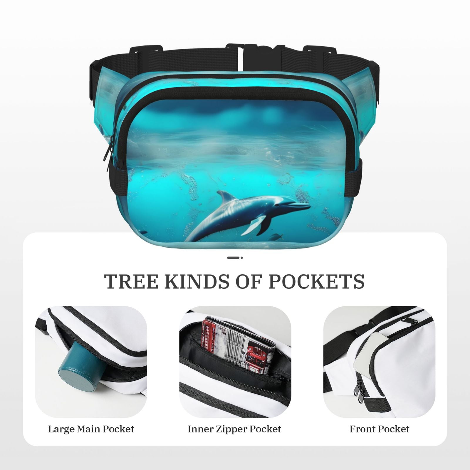 Picia Hawaiian Ship Dolphin Print Square Double-Layer Waist Bag Mini Adjustable Waist Belt Bag Exercise Running Travel Hiking