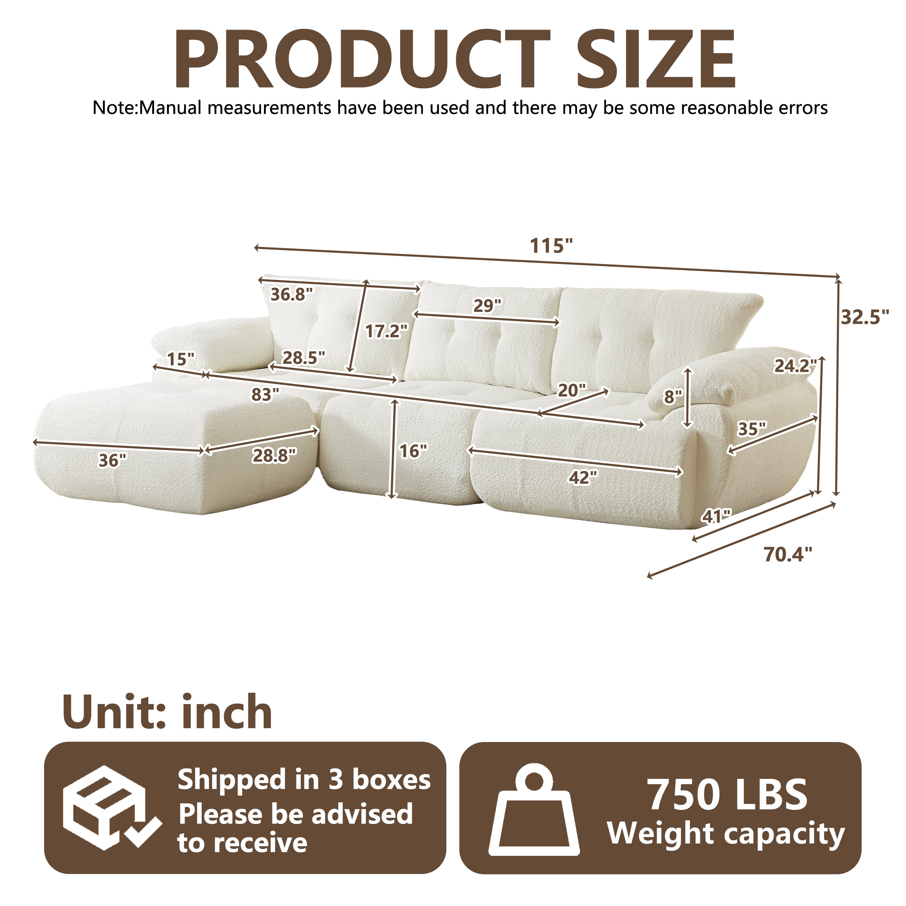 Leumius 115" L-Shaped Modular Sectional Sofa with Chaise,Boneless Comfy Chenille Fluffy Couch with Deep Seat and Curved Horn Backrest,Flexible Module Combination for Living Room, No Assembly,Beige