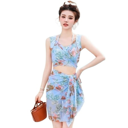 Lerpwige 3PCS Women Bikinis Bathing Suits with Swimsuit Wrap Skirt  Halter Neck Bikinis Top and Boyshorts  Floral Print Swimwear