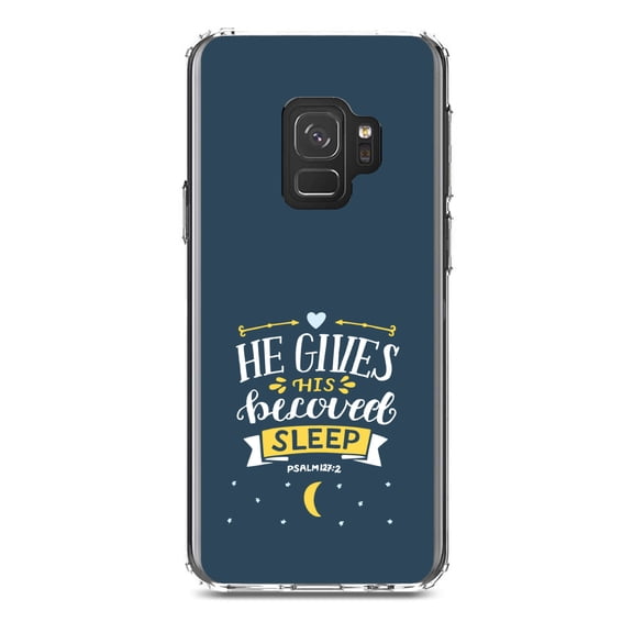 DistinctInk Clear Shockproof Hybrid Case for Samsung Galaxy S9 (5.8" Screen) - TPU Bumper, Acrylic Back, Tempered Glass Screen Protector - Psalm 127:2 - He Gives His Beloved Sleep