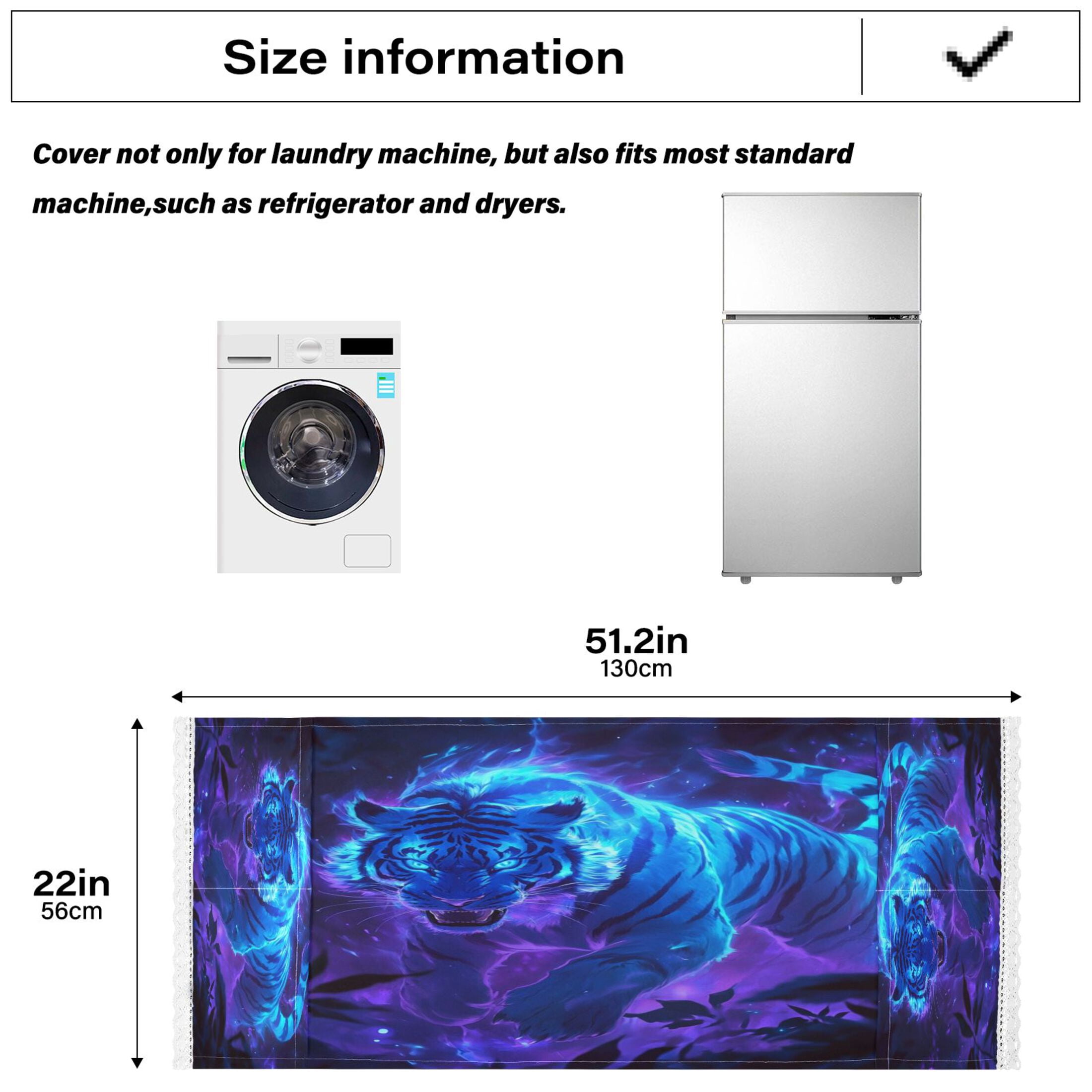 Washing Machine Cover 51.2x22in, Durable Polyester Dust Cover with Lace Trim and Side Pocket for Appliances Glowing Blue Tiger