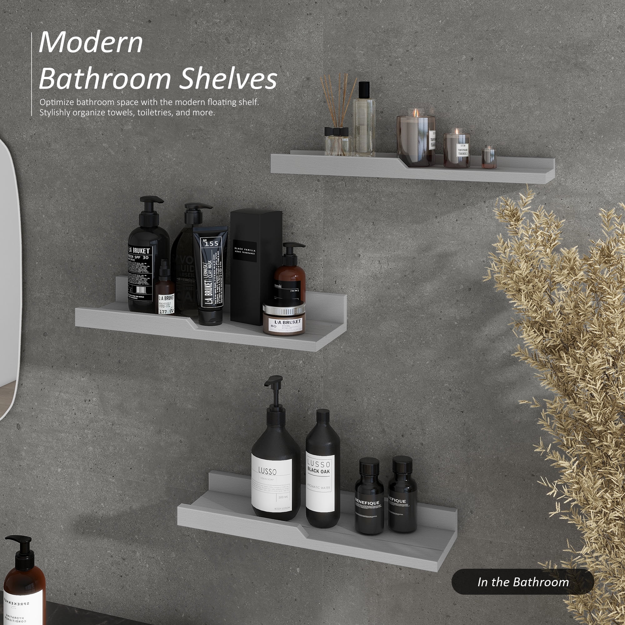 Rebee Vision Modern Floating Shelves for Wall : Farmhouse Bathroom Shelves Wall Mounted Set of 3 for Home Storage and Small Shelf for Display Aesthetic - Rustic Apartment Decor (Stylish Gray)