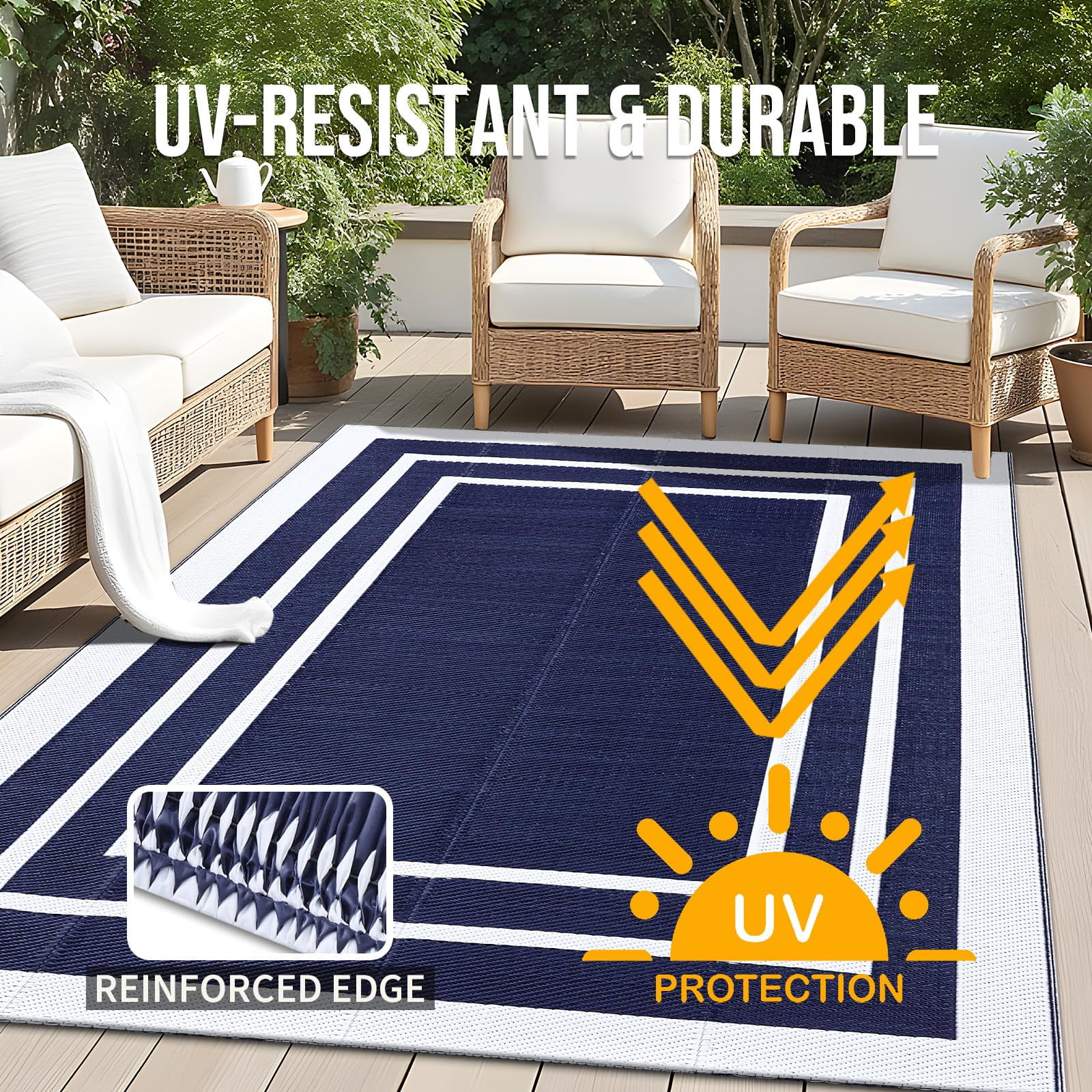 Smiry Outdoor Rugs 5x8, Waterproof Plastic Straw Indoor Outdoor Mat for Patio, RV Camping, Deck,Porch, Navy & White