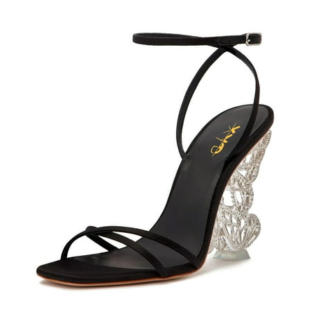 XYD Women Open Toe Sandals Glitter Rhinestone Butterfly Wing Wedge Heels Ankle Strap Bridal Prom Shoes Size 6.5 Black