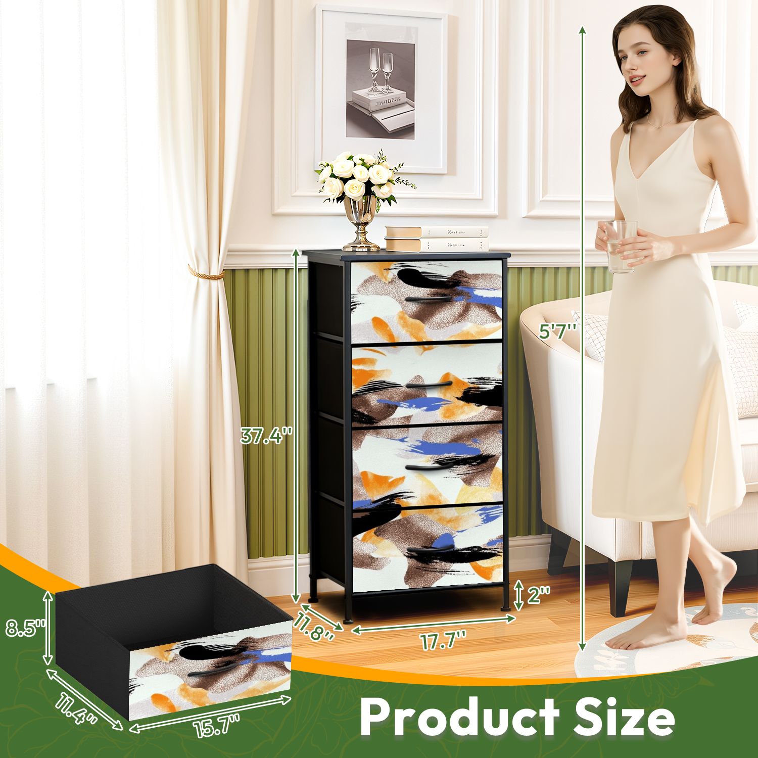 4 Drawer Vertical Storage Dresser Abstract brush strokes watercolor patterns banners posters fabric with Wood Top Fabric Pull Drawers