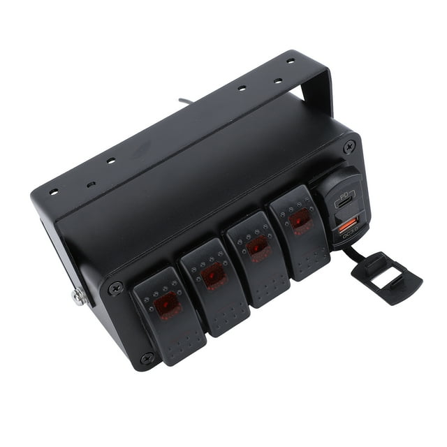 4 Gang Rocker Switch Box, 12V 24V ON Off Switch QC 3.0 USB Voltmeter Marine Aluminum Rocker Switch Panel with Night Glow Stickers, for Boats Cars RVs Trucks