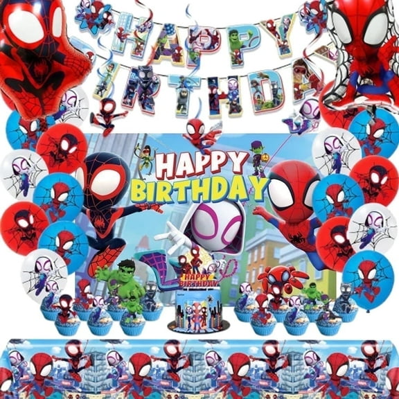 Cartoon Birthday Decorations, Party Supplies Set Include Banner, Backdrop, Balloons, Hanging Swirls, Cake Cupcake Toppers, Tablecloth for Boys Girls CartoonTheme Party