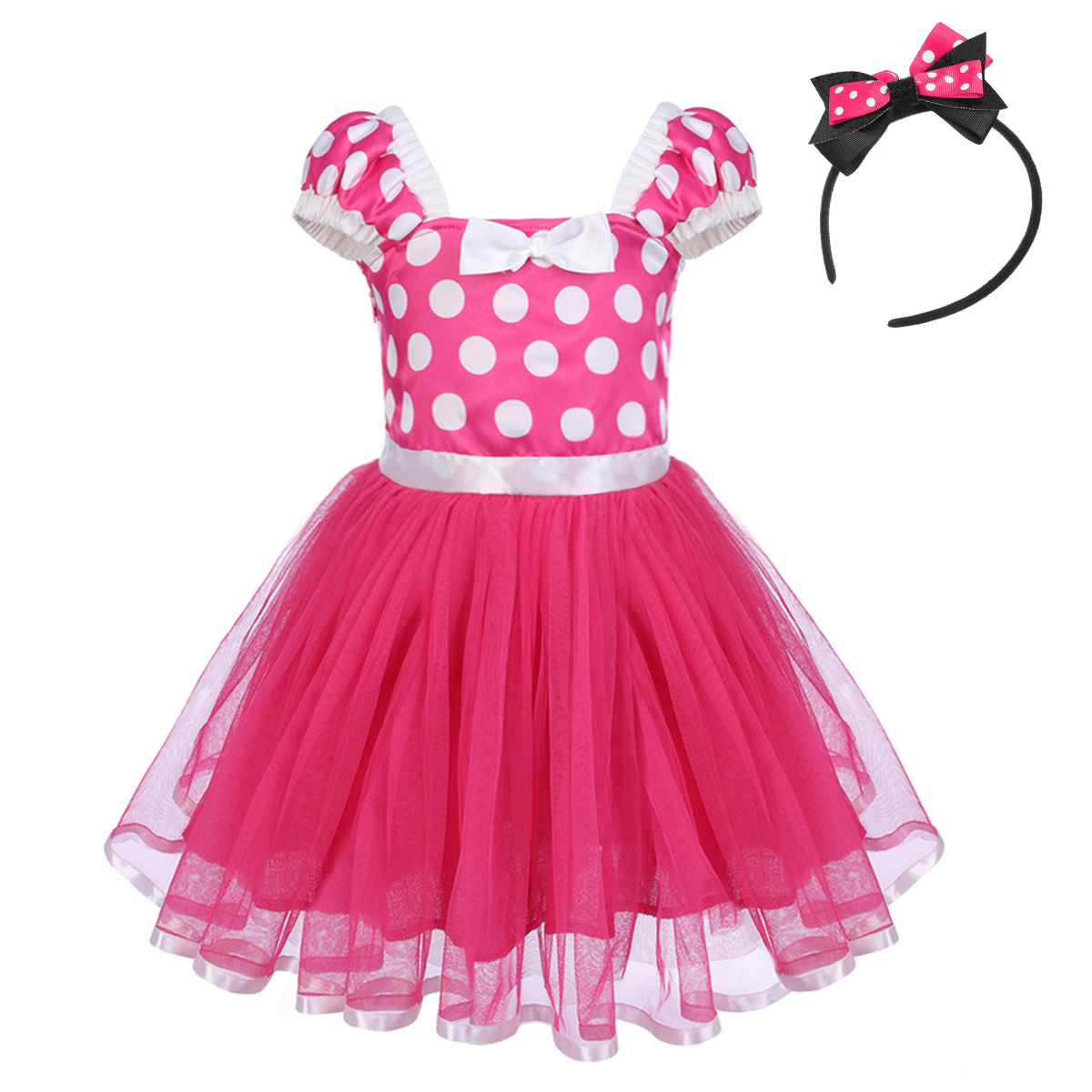 IBTOM CASTLE Toddler Girls Polka Dots Princess Party Cosplay Pageant Fancy Dress up Birthday Tutu Dress + Ears Headband Outfit Set 3-4 Years Hot Pink - image 2 of 8