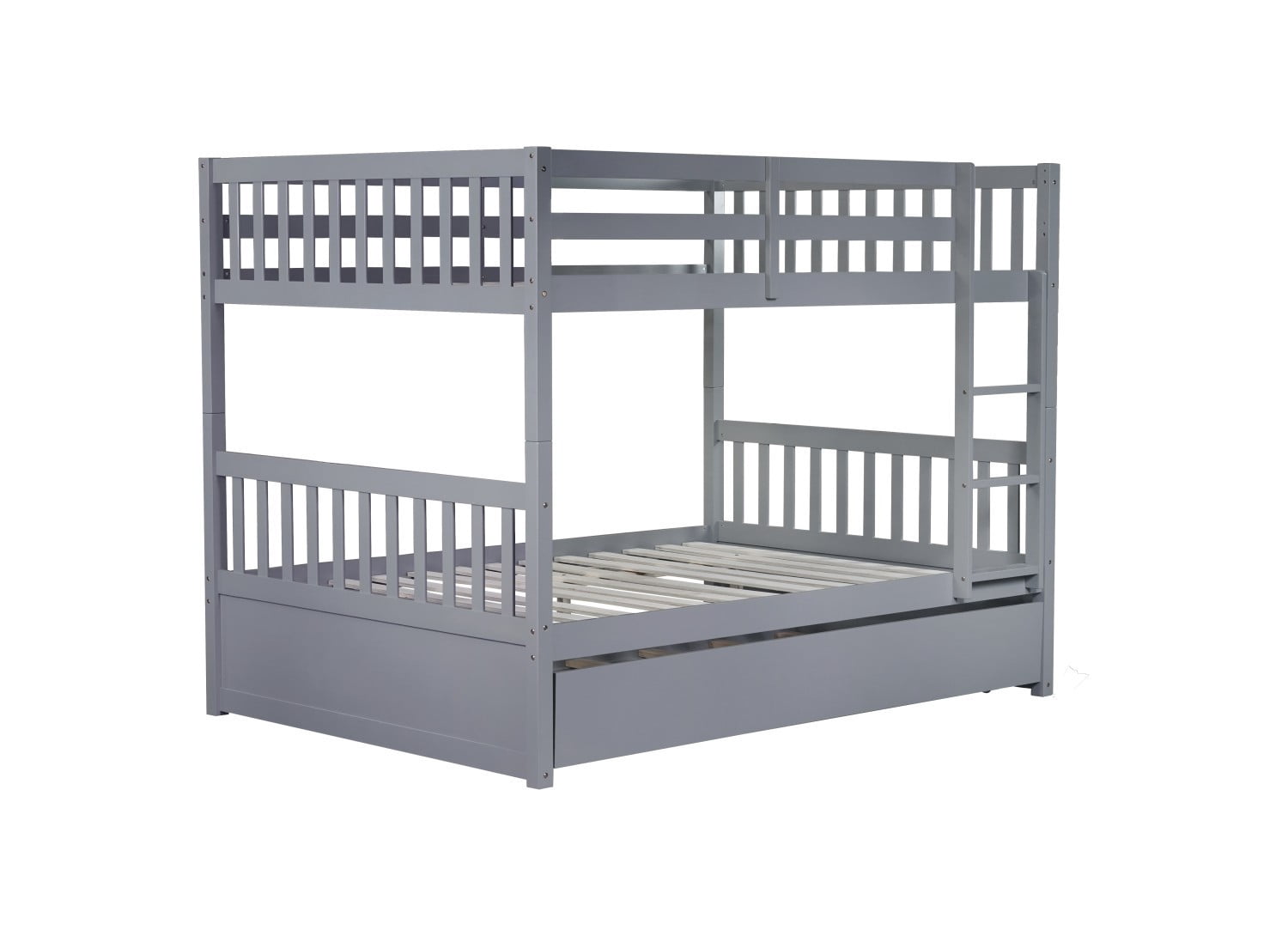 Full Over Full Bunk Bed with Twin Trundle, Convertible Wooden Bunk Bed with Guardrails & Ladder, Detachable into 2 Full Size Beds, Grey