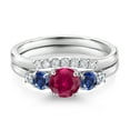 thumbnail image 3 of Gem Stone King 10K White Gold Red Created Ruby Blue Created Sapphire and White Lab Grown Diamond 5 Stone Bridal Engagement Wedding Ring Set for Women (0.99 Cttw, Round: 5MM and 3MM, Size 7), 3 of 6
