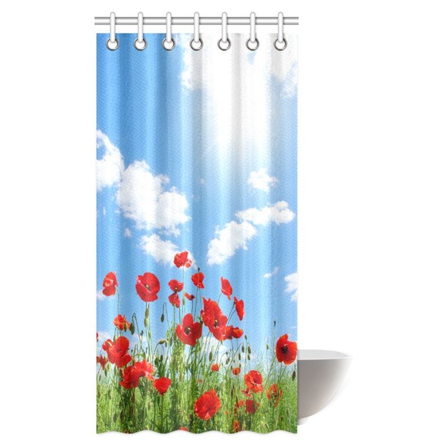 ABPHQTO Cortina de ducha de casa de campo, amapolas rojas en campo verde, decoración de baño de tela, conjunto de cortina de ducha con ganchos, 90x180 cm