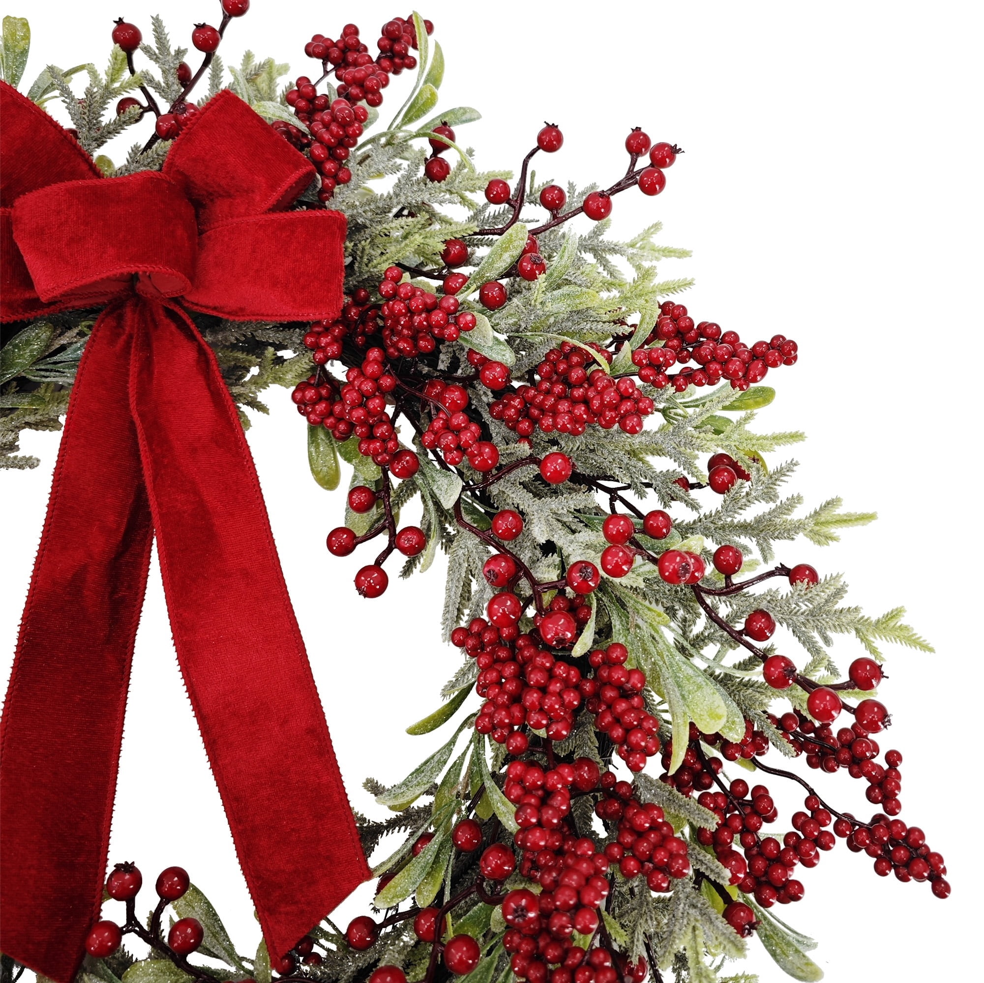 Frosted Evergreen and Eucalyptus Artificial Christmas Wreath with Berries and Bow, Red and Green, 24", by Holiday Time