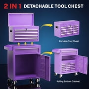 5-Drawer Tool Chest on Wheels, 2 In 1 Rolling Tool Storage Cabinet, Tool Organizer for Garage, Workshop, Warehouse & Repair Shop, Purple