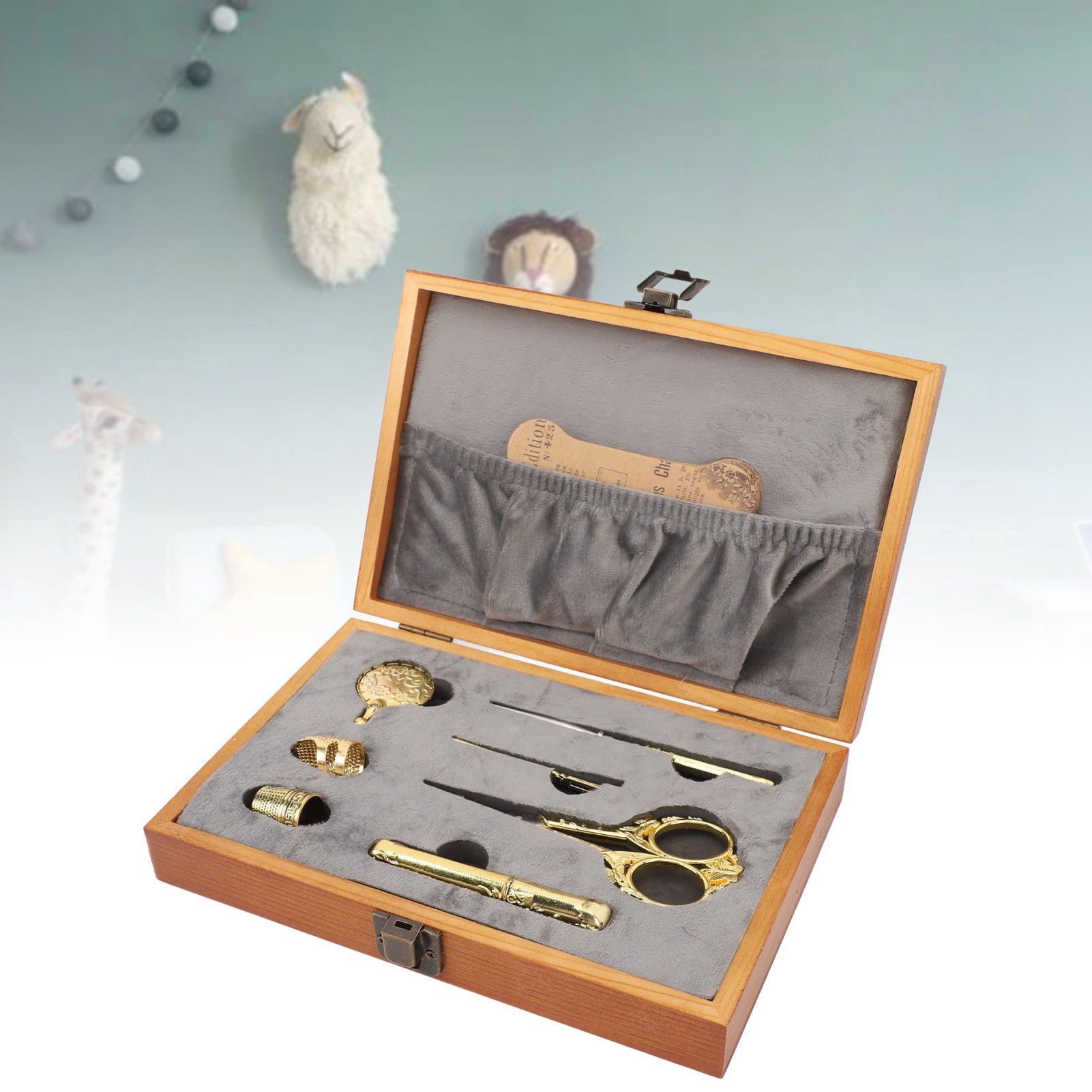 Nieyigj 30Pcs Vintage Sewing Box Wooden Multifunctional Sewing Kit Set with Shear Thread Cutter Thimble and Copper Needle Tube for Home Travel DIY Crafting - 9.45x7.09x1.97 inches / 24x18x5 cm